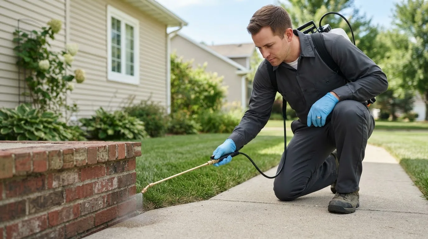 Pest control technician treating a home near Greenwood, IN