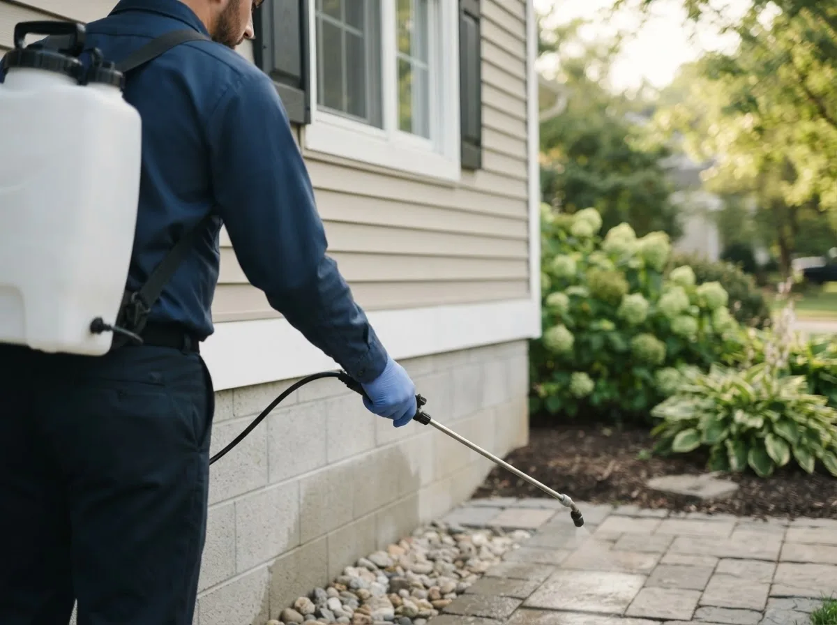 Pest control technician inspecting a home in Greenwood, IN